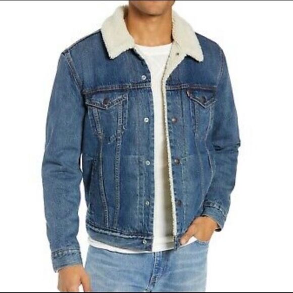 Levi’s Sherpa Trucker Jean Jacket Lined Fuzzy M Medium‎ Navy Blue - Picture 1 of 7